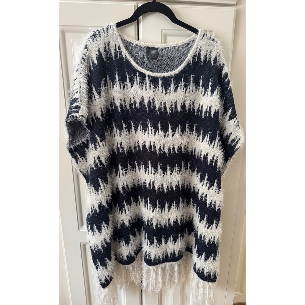 Kaktus Navy Blue & White Fuzzy‎ Knit Fringe Poncho Top Sweater One Size EUC